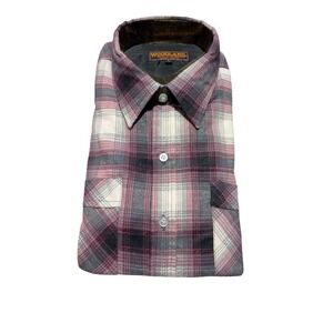 Vintage Woodland Mens Plaid Button Down Shirt Burgundy Grey Perma-Press L New